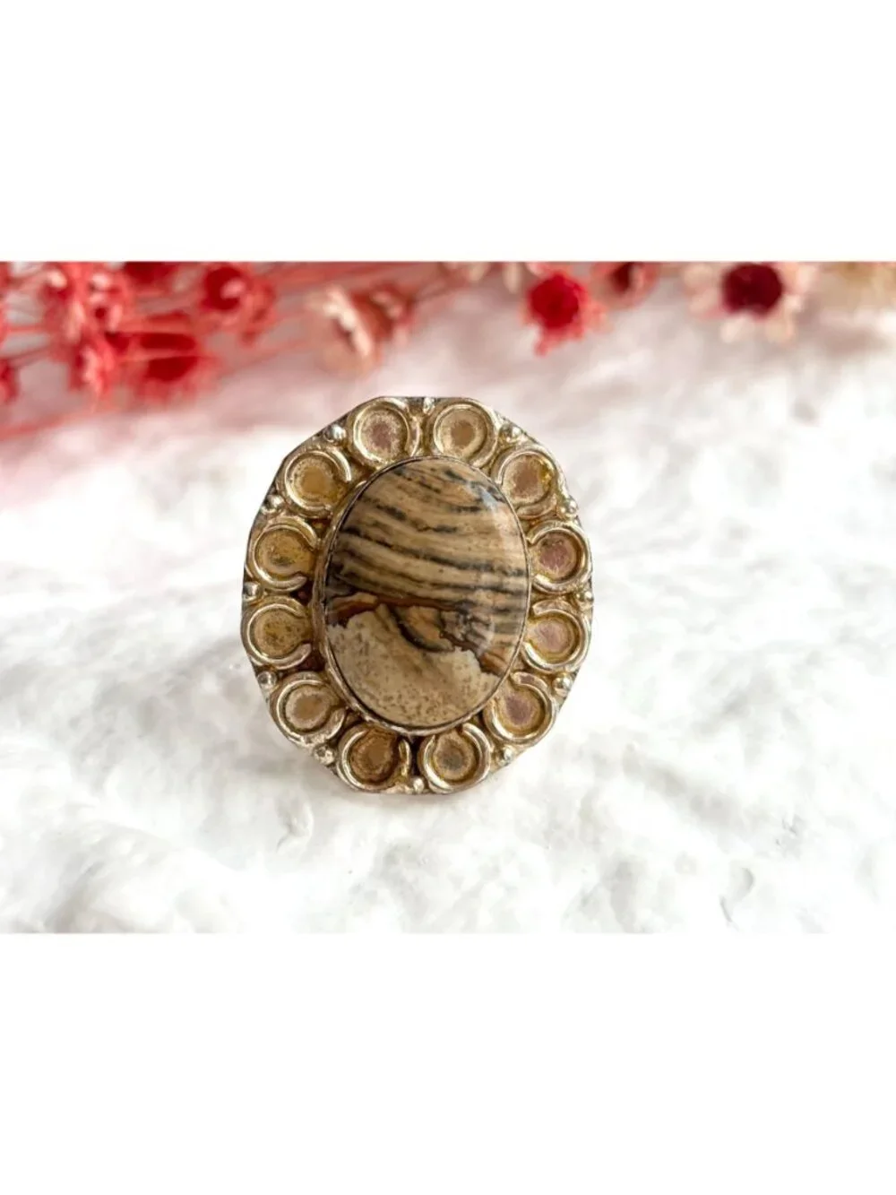 Banded Brown Agate Cabochon Scalloped Sterling Silver 925 Vintage Ring - sz 9